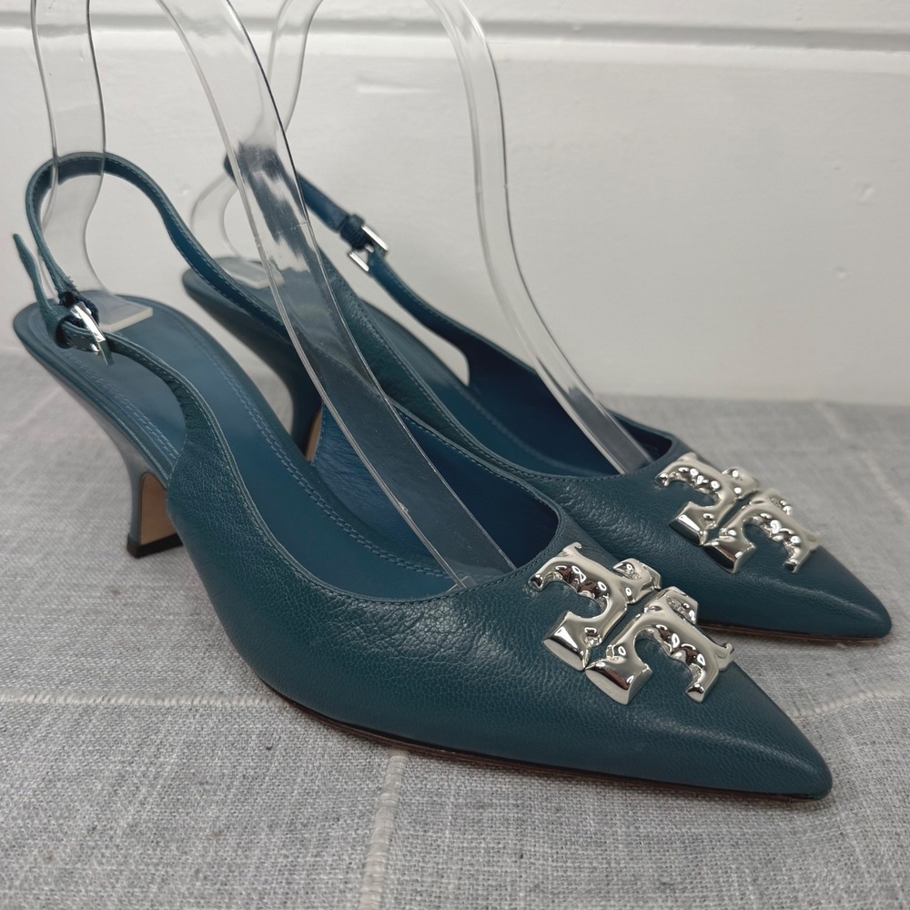 Tory Burch Eleanor 65 Slingback Pumps Blue Leather Kitten Heel Size 9